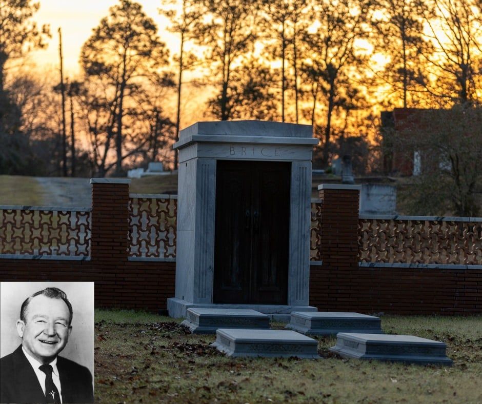 A family mausoleum at sunset, with an inset portrait