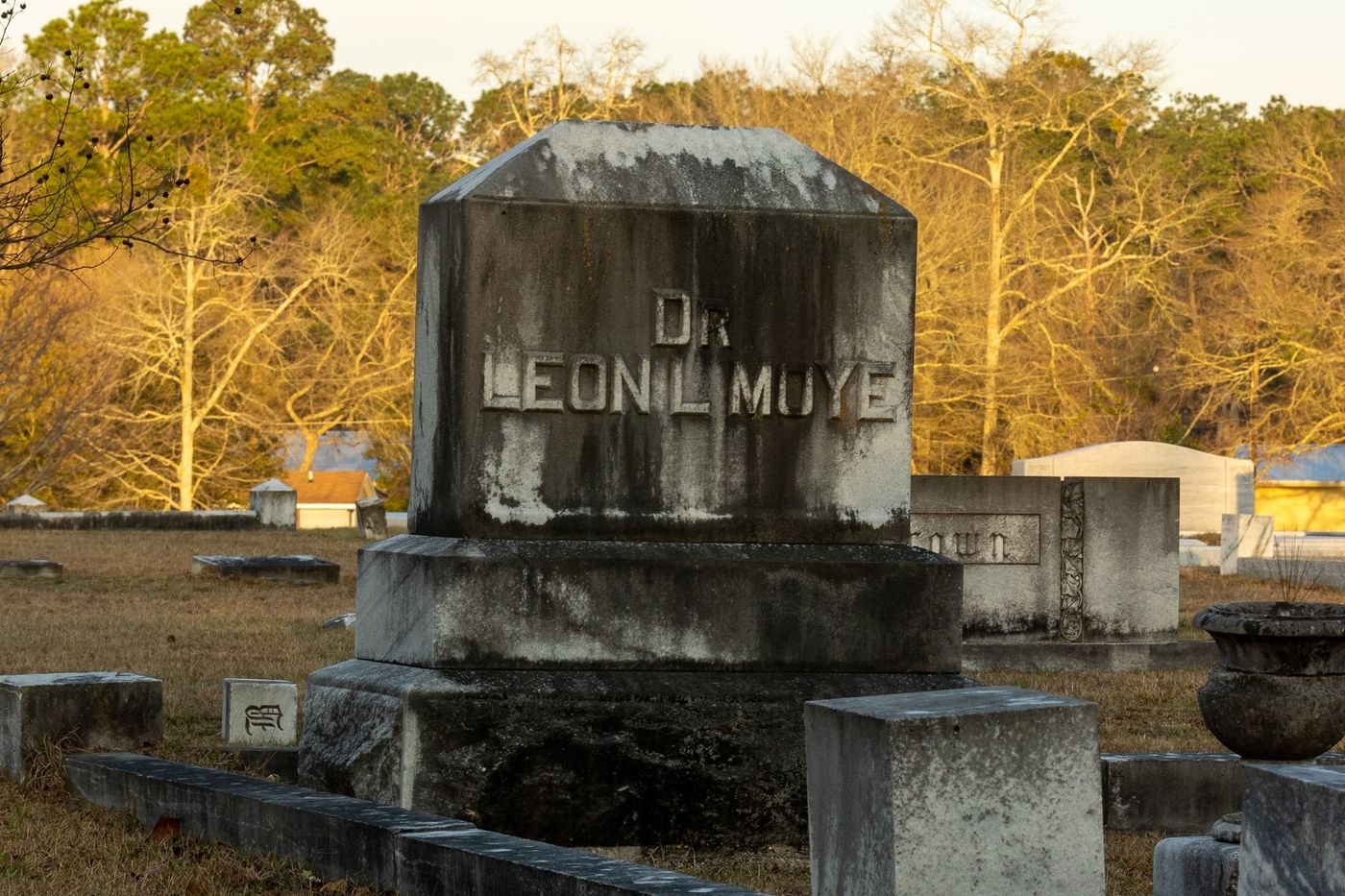 A weathered headstone in the oldest section of the cemetery